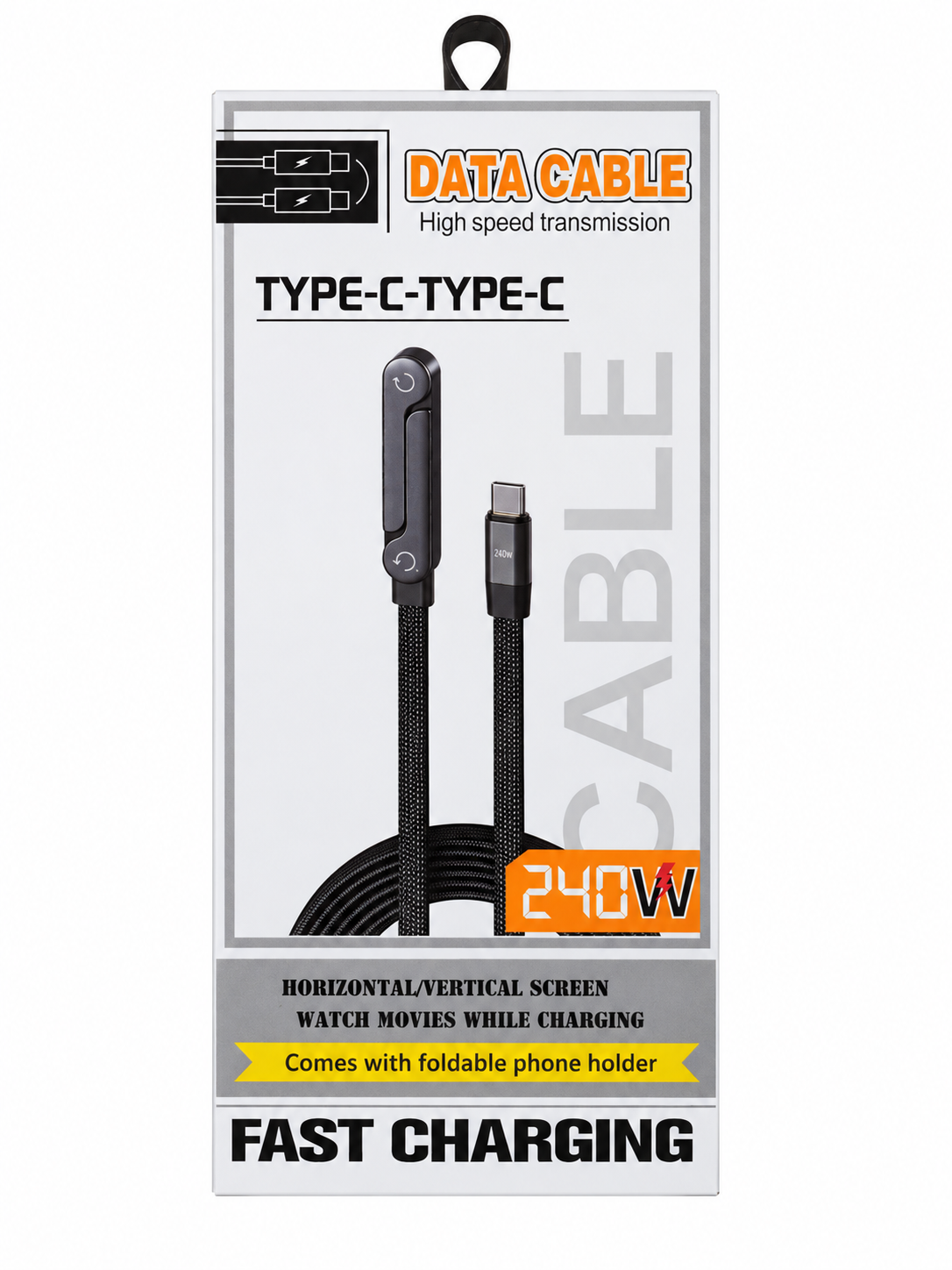 Caja del cable USB-C con soporte integrado; potencia máxima soportada indicada: 240 W