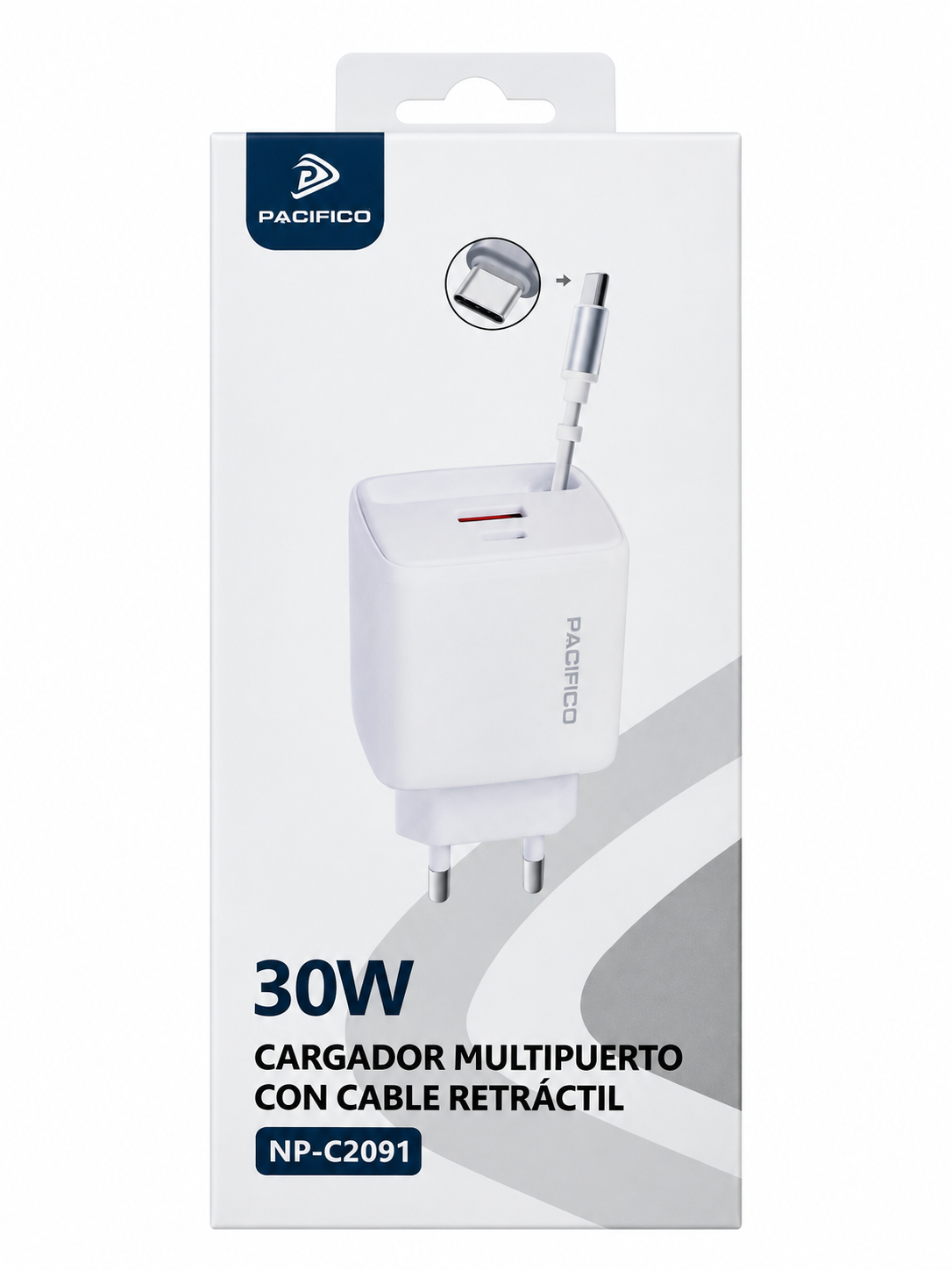 Caja del cargador Pacífico NP-C2091 de 30 W con cable retráctil
