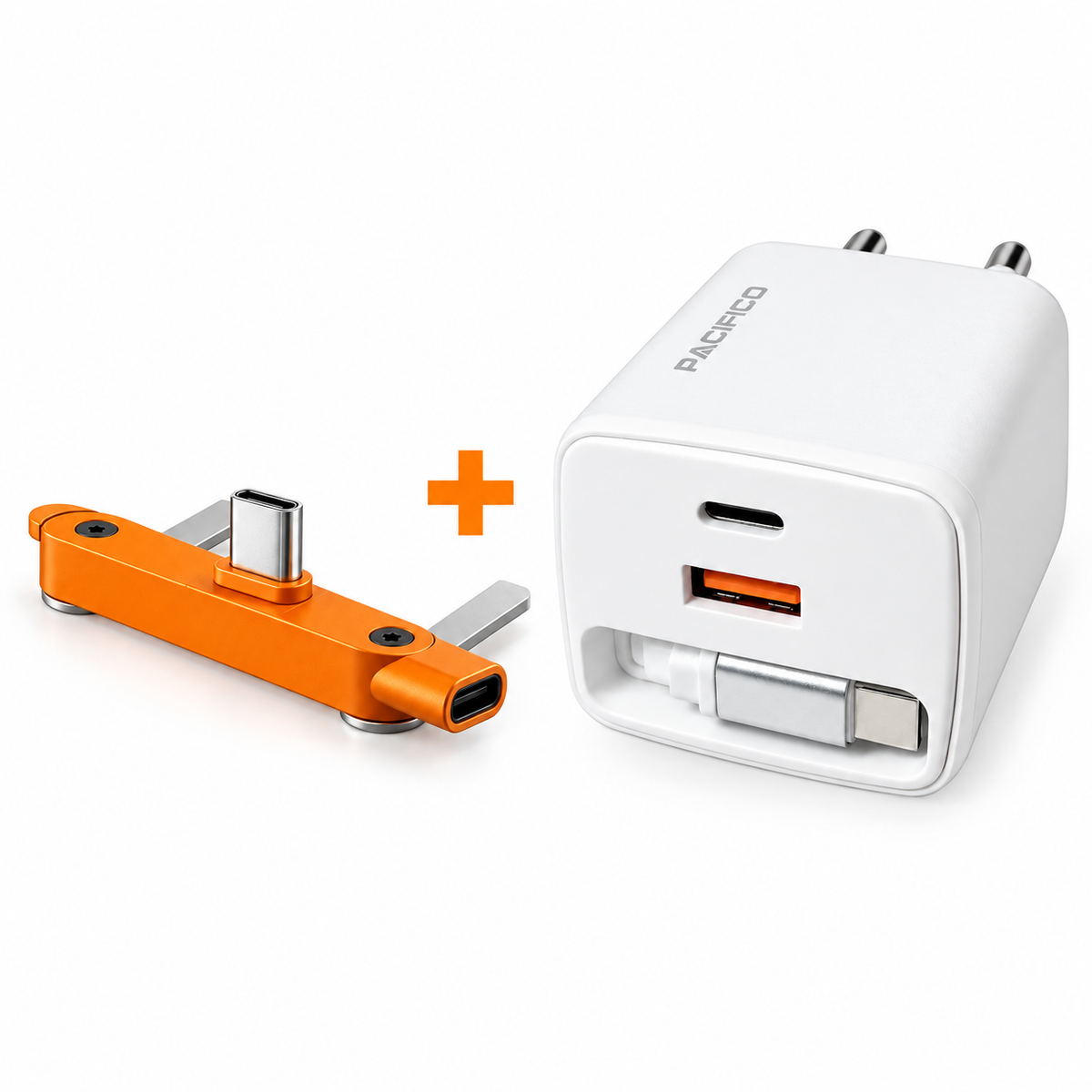 Pack con un adaptador Raptor naranja y un cargador Pacífico blanco, separados por un signo más naranja